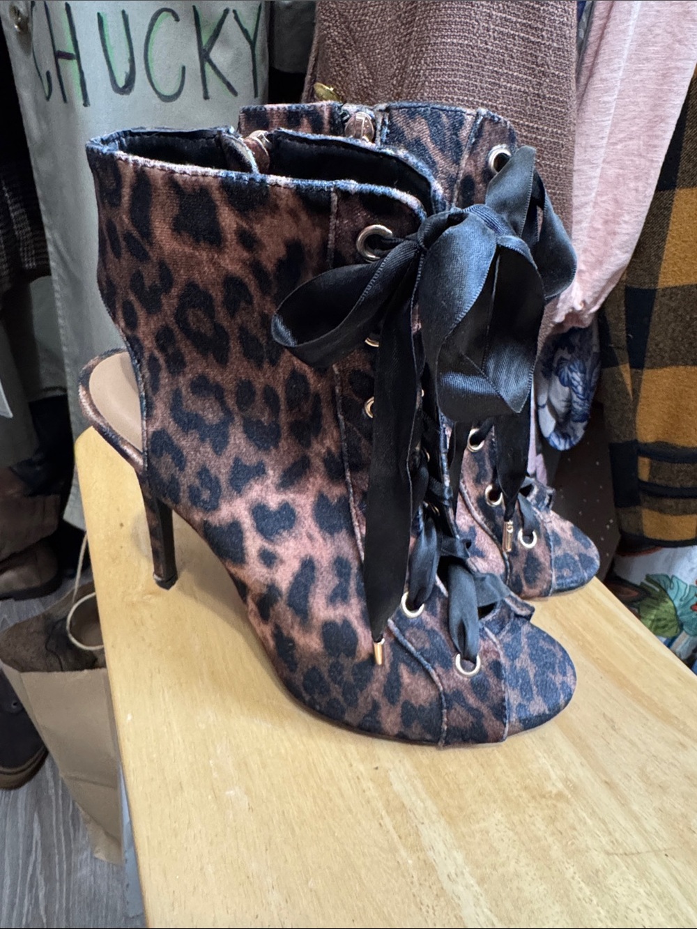 Lace-Up Peep-Toe Ankle Boots - Black/Brown
